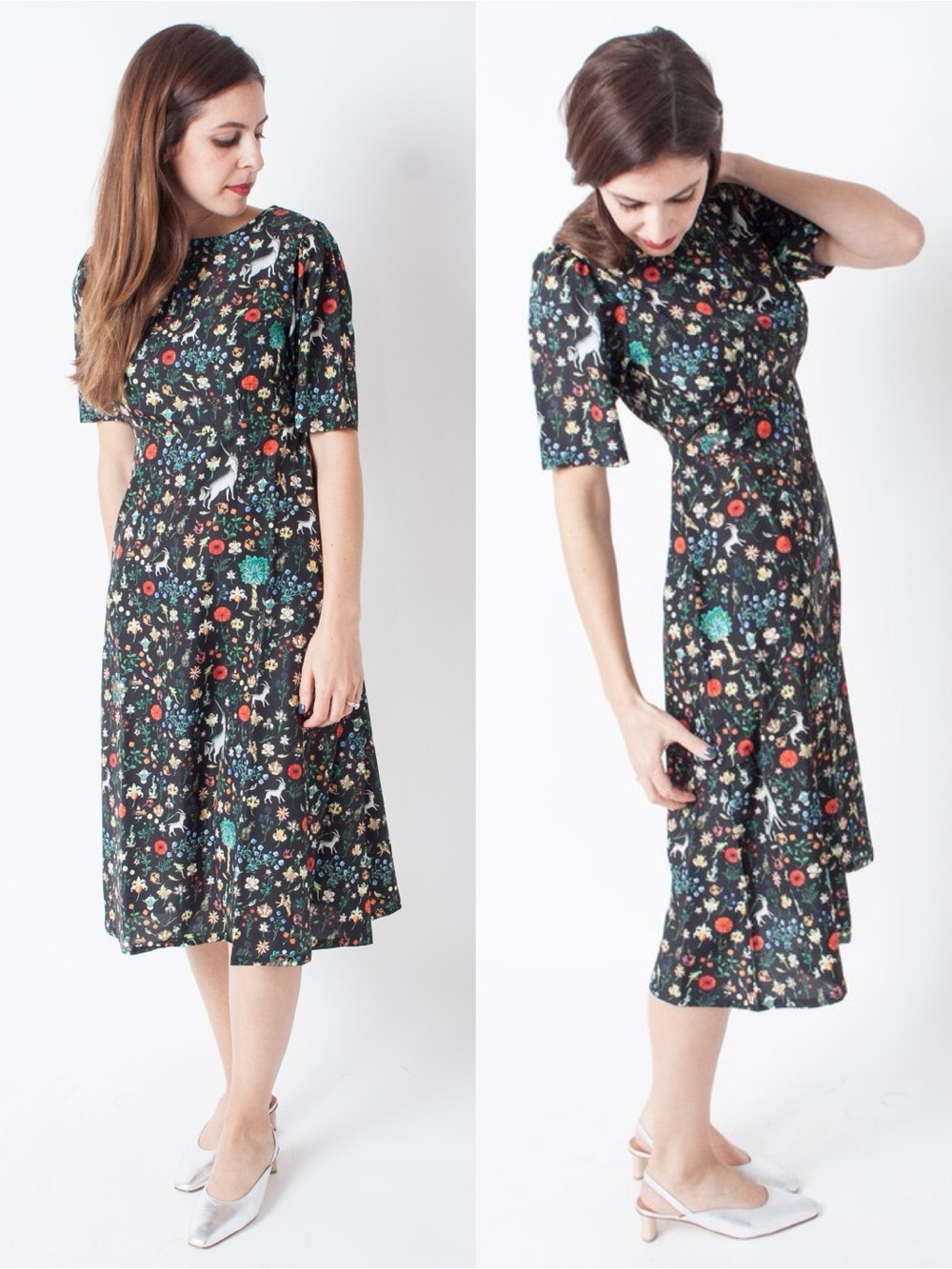 Anthropologie Samantha Pleet Illuminated Print Noble Midi Dress in Black
